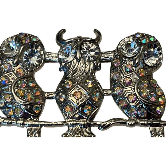 Silver Horned Owl on Branch Brooch Trio of Owls Crystals Rhinestone Eyes Costume - Picture 4 of 5